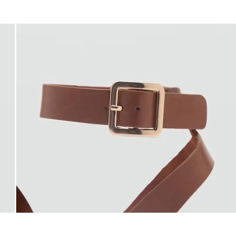 NWT Mango Leather Brown Gold Buckle Strap Sandal EU 36 Size 6